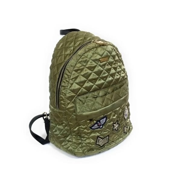 Aldo Womens Satin Quilted Backpack in Olive Army Green Patchwork Detail main image 9